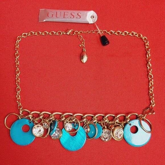 Guess Necklace Blue Teal Beads Gold Tone Clear Rhinestones - Picture 3 of 10